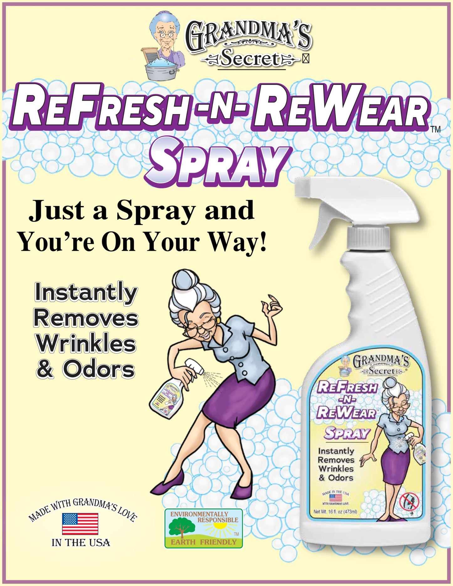 Grandma'S Secret Refresh N Rewear Spray - Instantly Removes Wrinkles & Odors - Wrinkle Release, Fabric Refresher Spray, Chlorine
