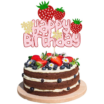 1 Pack Happy Birthday Cake Topper Glitter Strawberry Cake Pick For Fruit Theme Baby Shower Kids Birthday Party Strawberry Fruit