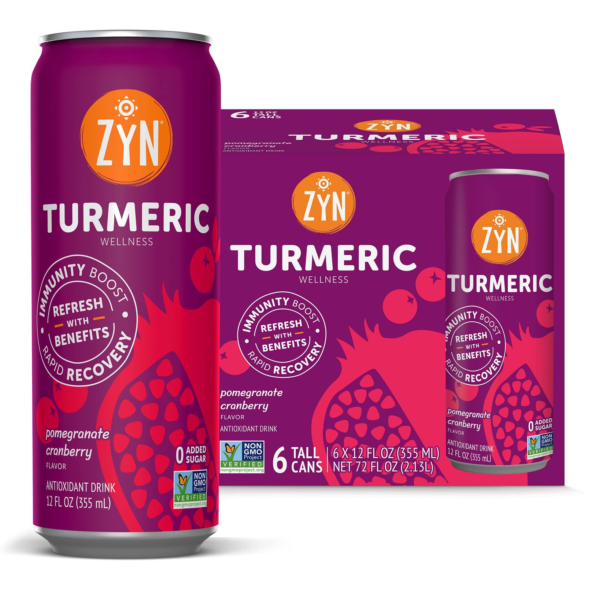 ZYN Turmeric Wellness Drink (6 Pack), Pomegranate Cranberry Flavored Turmeric Curcumin Drink with Black Pepper, No Added Sugar, 