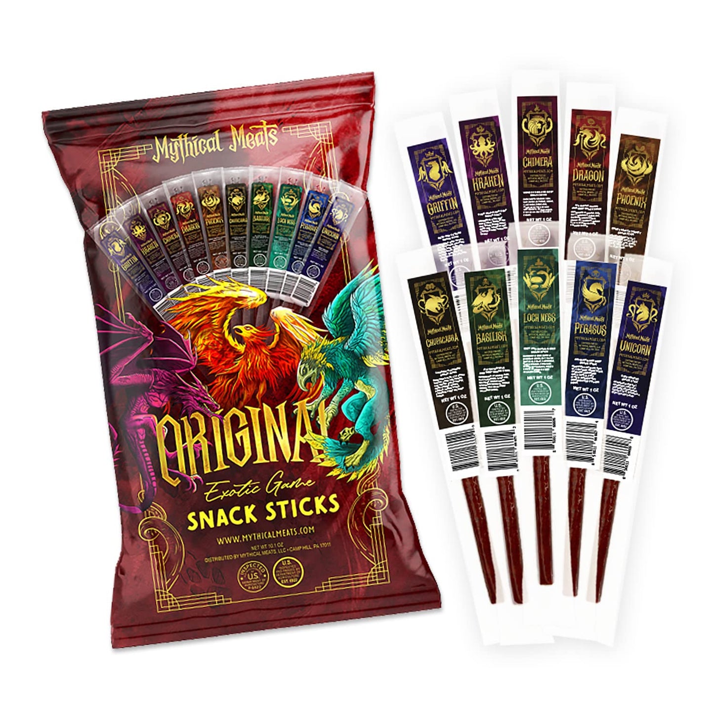 Mythical Meats Original Exotic Flavor Sampler Pack - 10 Exotic Game And Beef Snack Sticks - Dried & Dehydrated Meats Seasoned To