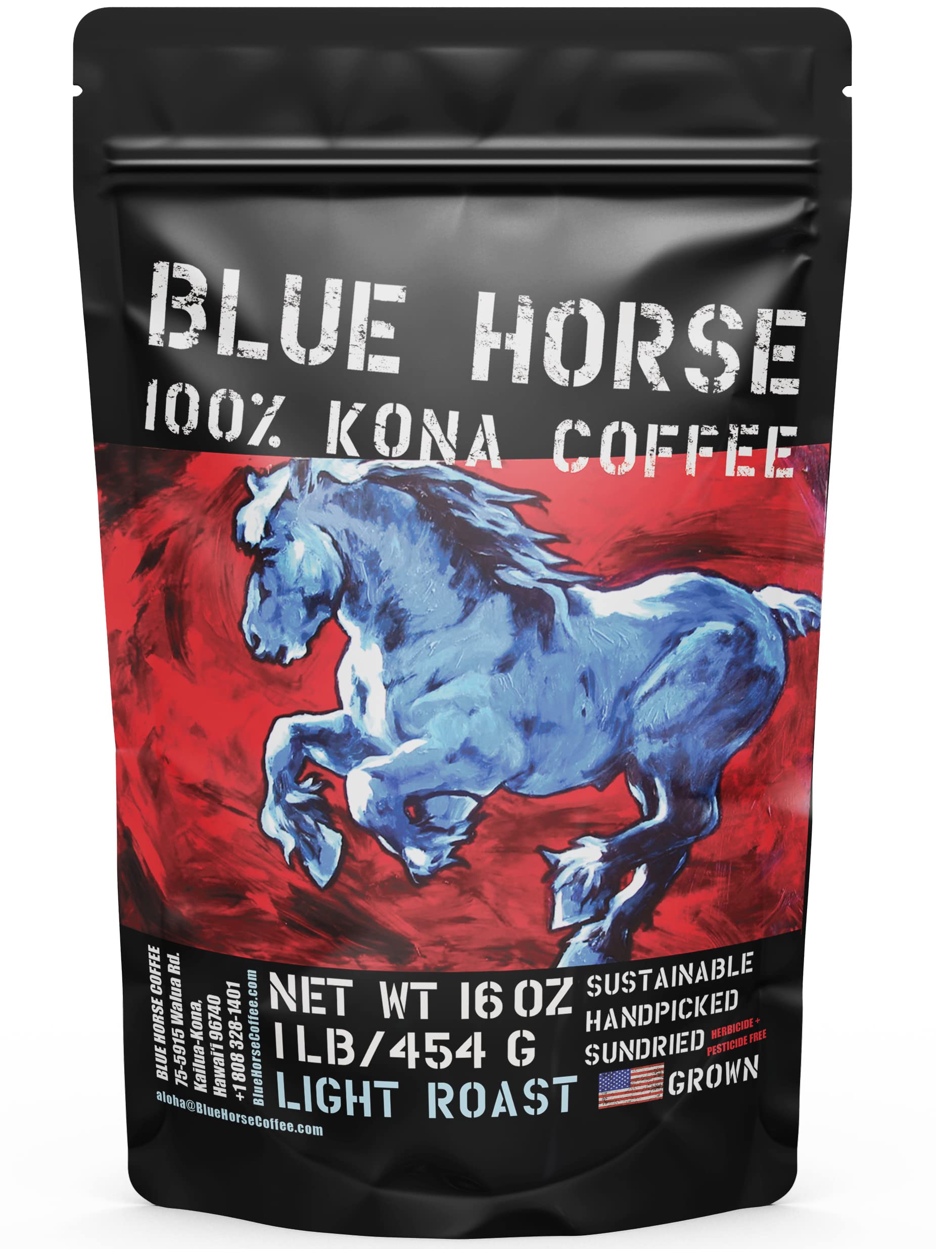 Blue Horse 100% Kona Coffee, Light Roast, Arabica Whole Beans, 1 lb (16 oz) Bag, Farm Fresh, Authentic Hawaiian Coffee from the 