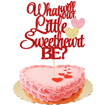 Gyufise 1Pc What Will Our Little Sweet Heart Be Cake Topper Cake Topper Red Pink Glitter Valentine'S Day Baby Shower Cake Decora