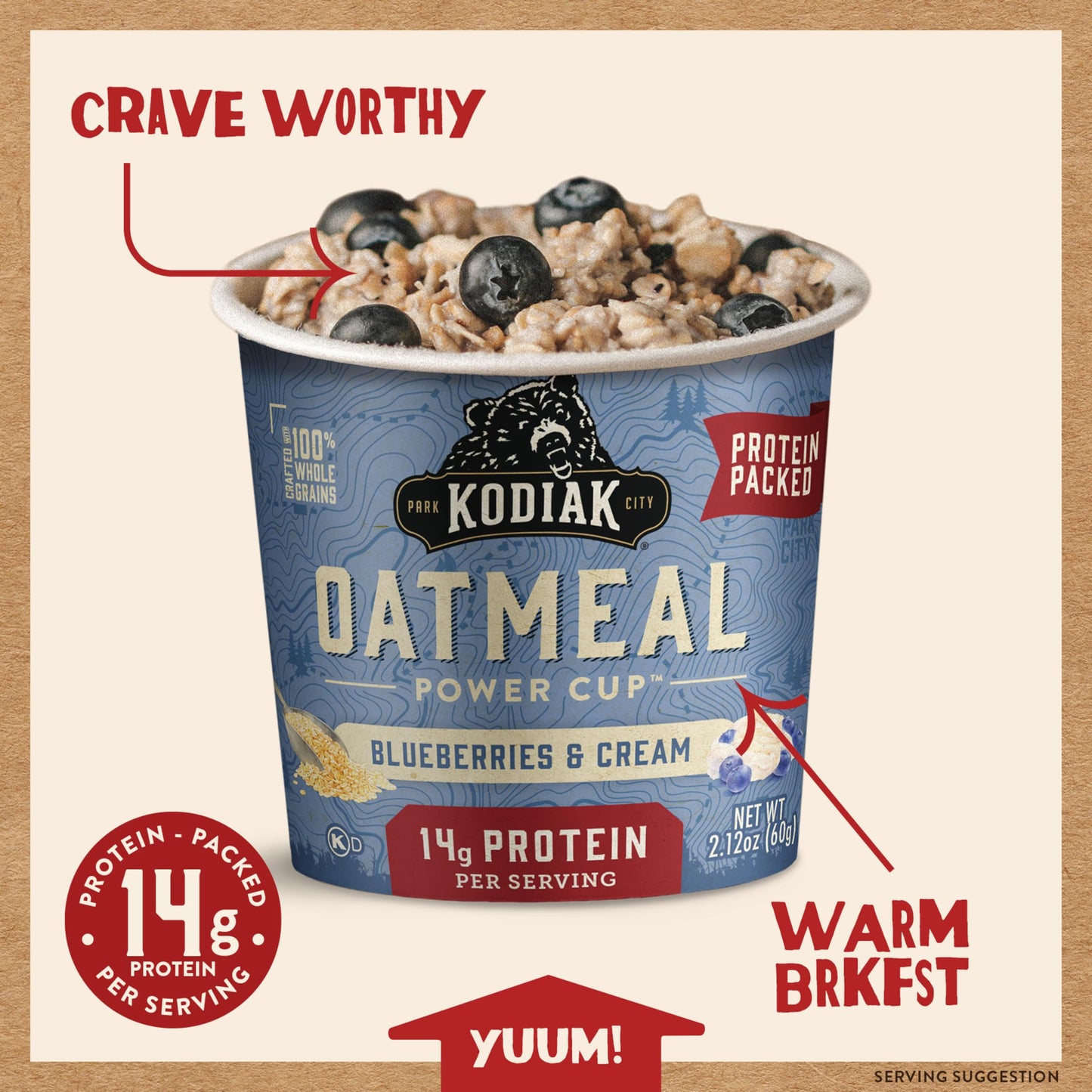 Kodiak Instant Oatmeal Cups, Blueberries & Cream, High Protein, 100% Whole Grains, (12 cups)
