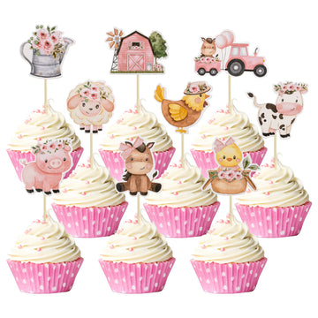 Gyufise 36Pcs Pink Floral Farm Animal Cupcake Toppers Pink Cute Girl Farm Animal Birthday Cupcake Toppers Picks For Girls Farm A