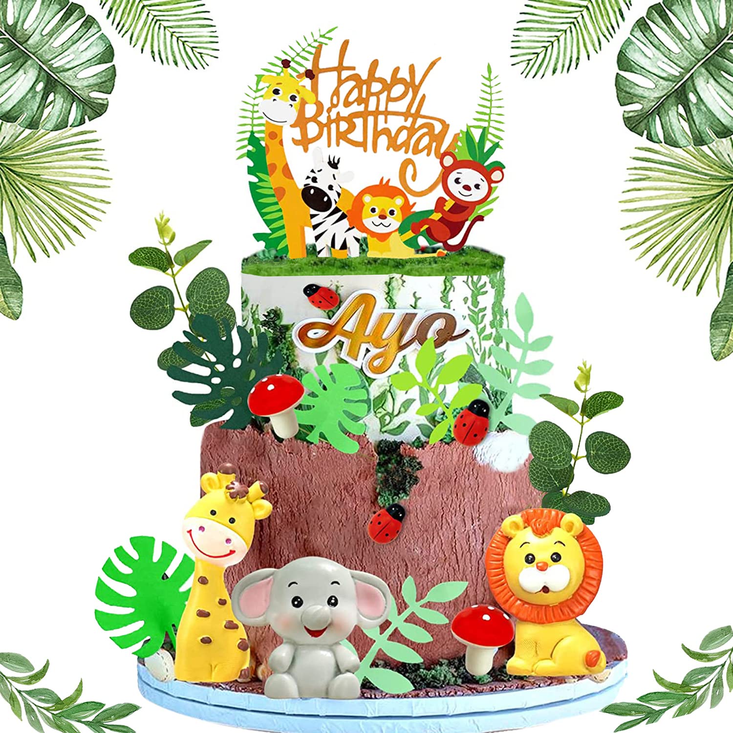 19Pcs Safari Jungle Wild Animals Cake Toppers Mushroom Cake Toppers Spring Insect Cake Toppers With Animal Toys Happy Birthday T