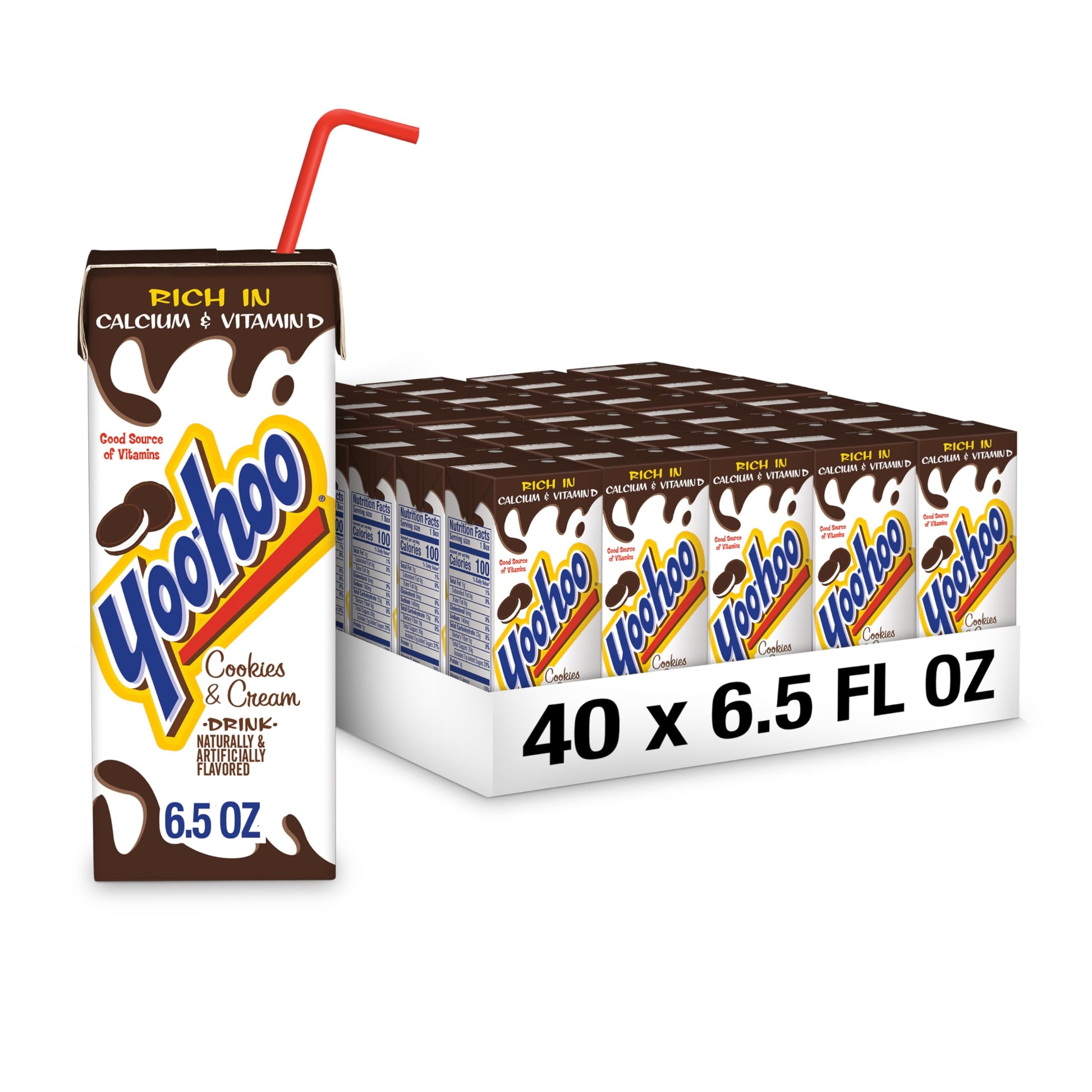 Yoo-Hoo Cookies and Cream Drink, 6.5 fl oz, 40 Pack (4 Packs of 10)
