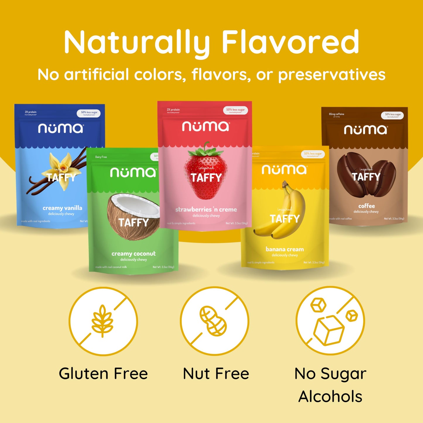 Numa Foods Healthy Chewy & Creamy Candy Variety Pack - Low Sugar, All-Natural, Gluten Free, High Protein - 5 Bags Of 8 Individua