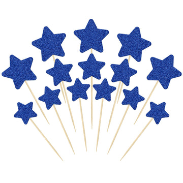 Gyufise 42Pcs Mixed Size Deep Blue Little Star Cupcake Toppers Glitter Twinkle Star Cupcake Picks For Wedding Engagement Bridal