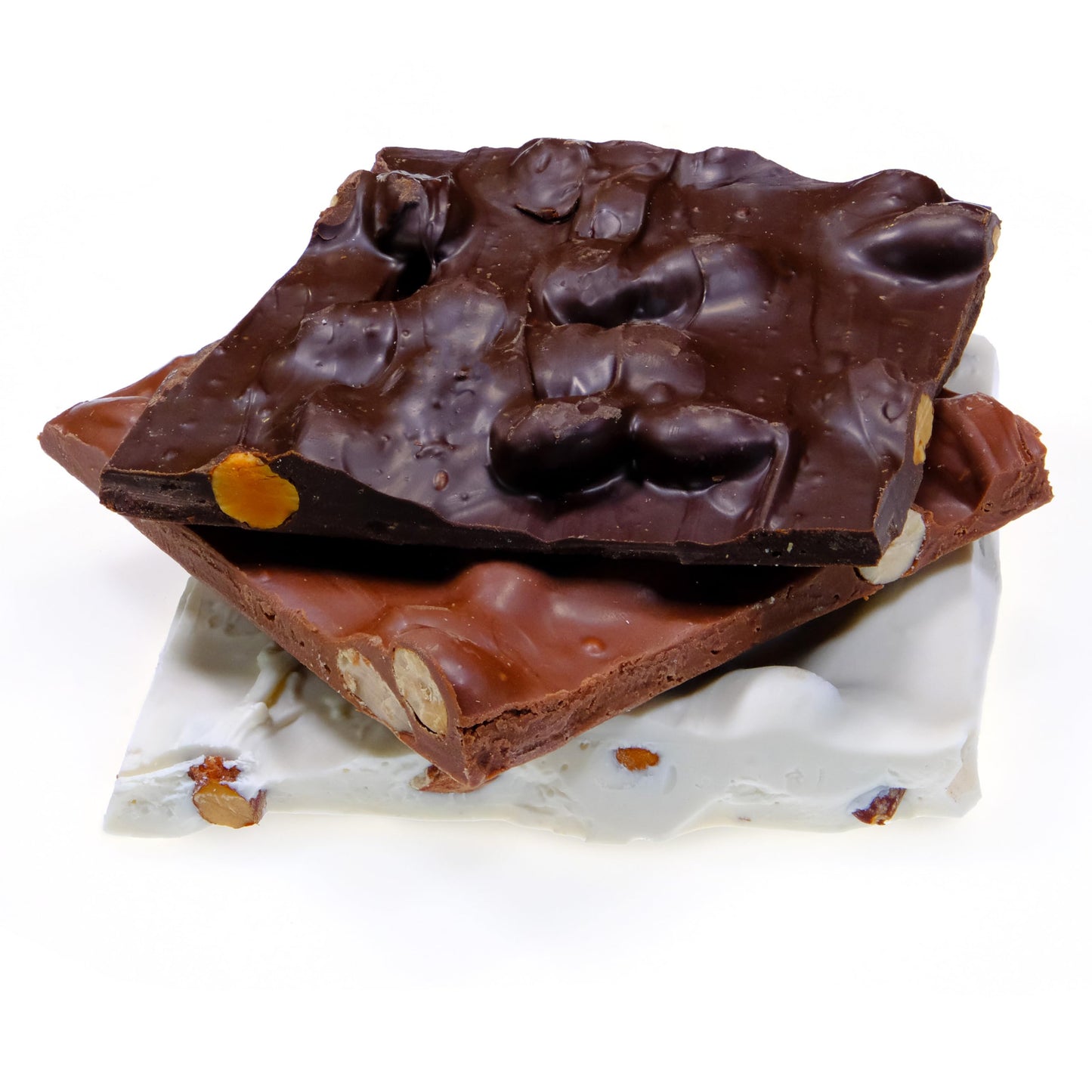 Candykorner Multipack (Milk, Dark, White) Almond Bark - 1 Pound - Gourmet Handmade Chocolate With Roasted Almonds - 16 Ounces By