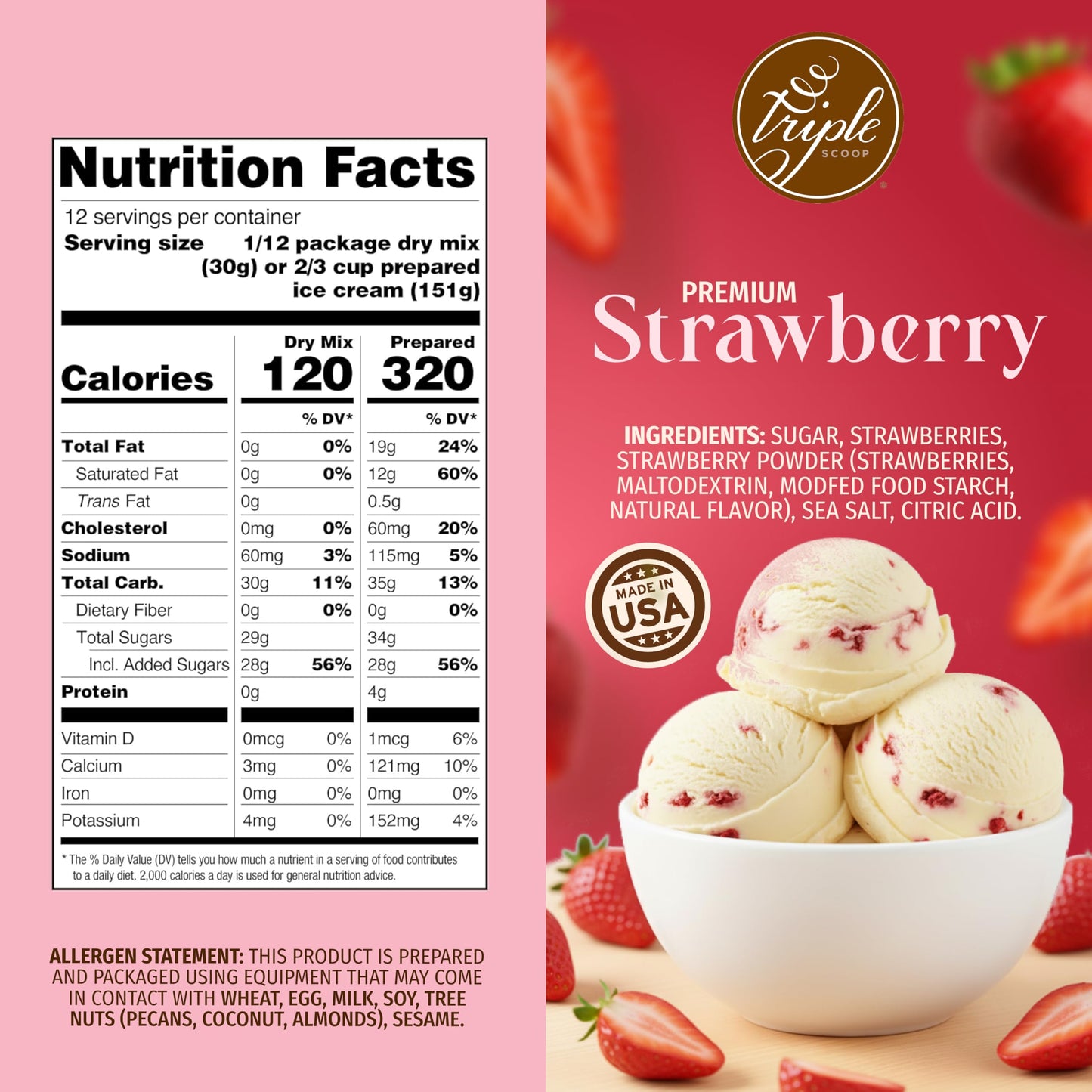 Triple Scoop Ice Cream Mix, Non-GMO, Strawberry Flavor, 12.8 Ounce, Ready in Under 30 Mins