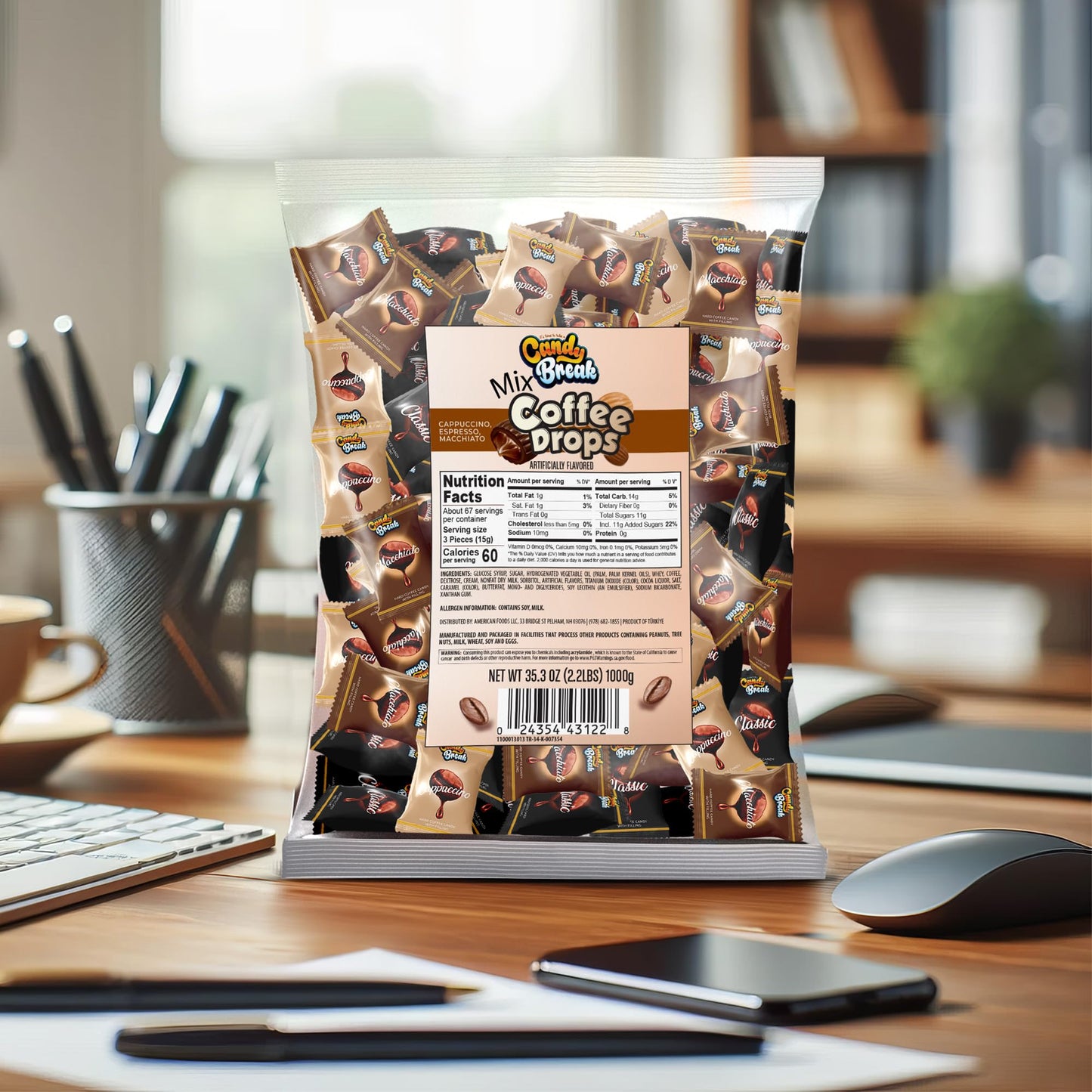 CANDY BREAK Coffee Drops - Center Filled Hard Candy, Macchiato, Espresso, Cappuccino Flavors, 2.2 Pound Bulk Bag