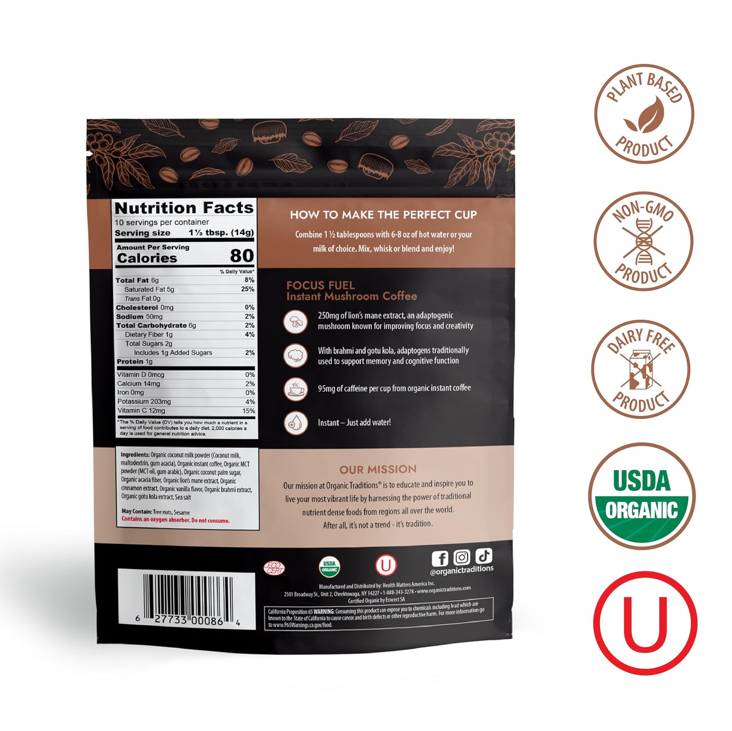 Organic Traditions Focus Fuel Mushroom Coffee - Organic Instant Mushroom Coffee With Lions Mane, Adaptogens, Mcts & Coconut Milk