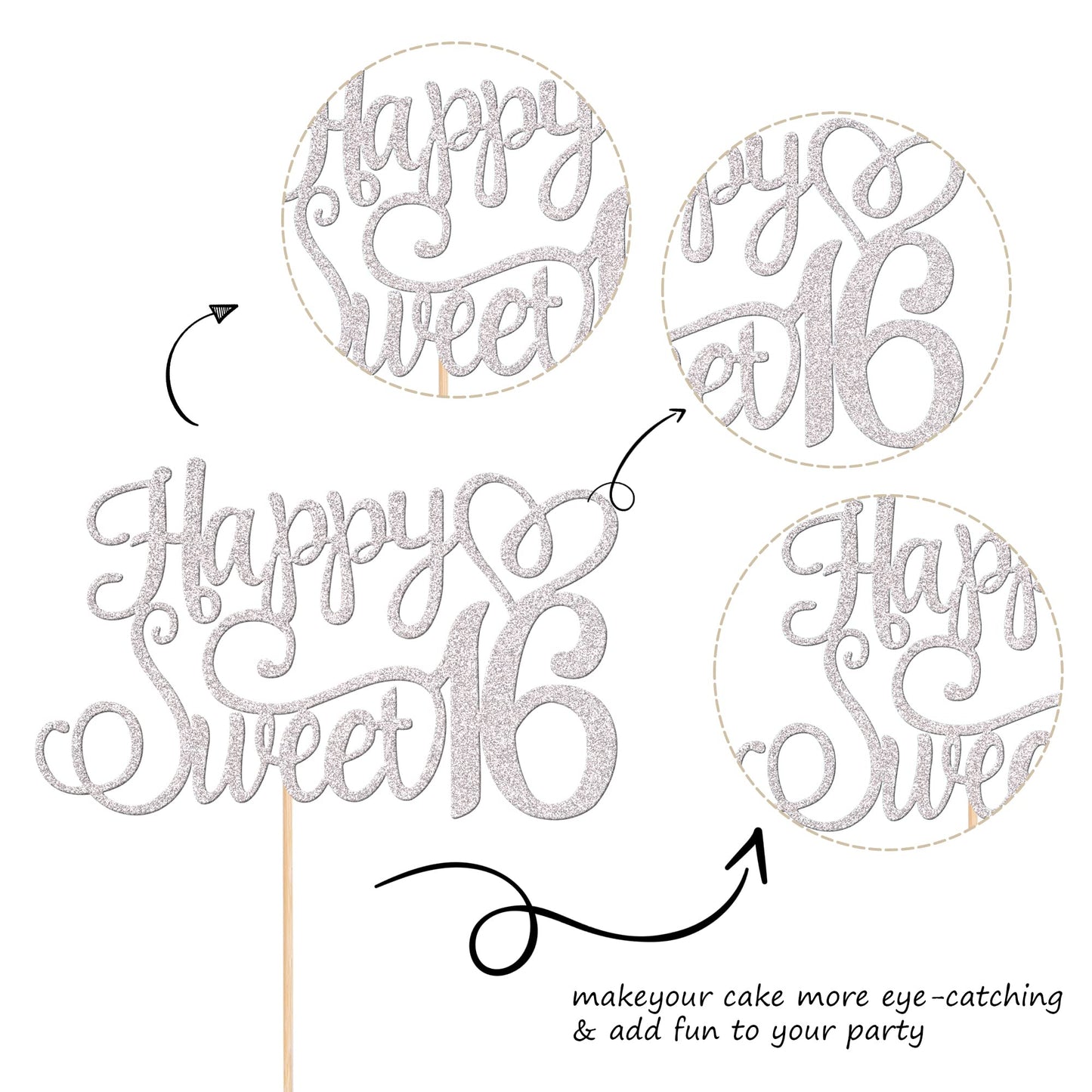 1 PCS Happy Sweet 16 Cake Topper Glitter 16th Birthday Cake Pick Cheers to 16 Years Sweet 16 Birthday Cake Decoration for Happy