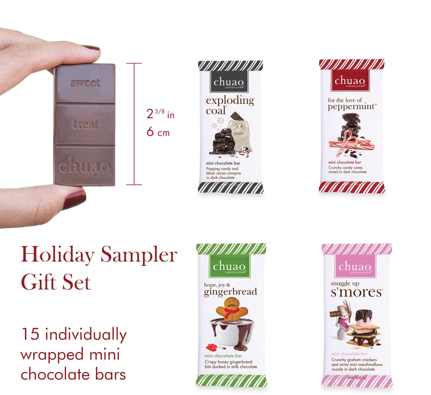 Chuao Chocolatier Holiday Sampler Gift Box Gourmet Dark & Milk Chocolate Mini Bars | No Preservatives | For Gift Baskets, Christmas, Hostess Gifts, Thank You, Care Package | 15 Pack (0.39 Oz Each)