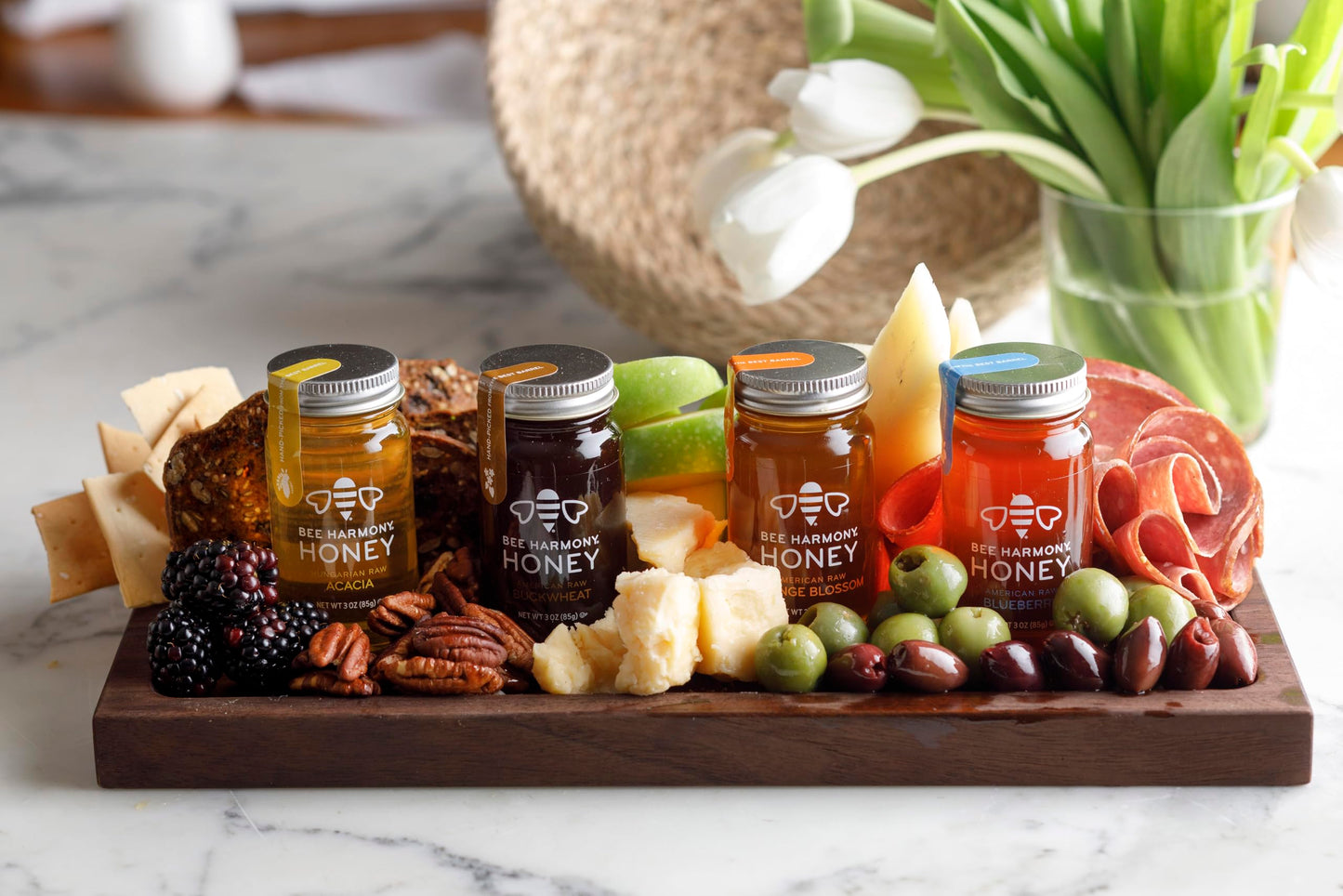 Bee Harmony Rare Varietals Honey Flight, Mini Honey Gift Set, 4 Jars, 3 Oz Each, Premium, Raw (Acacia, Buckwheat, Blueberry Blos