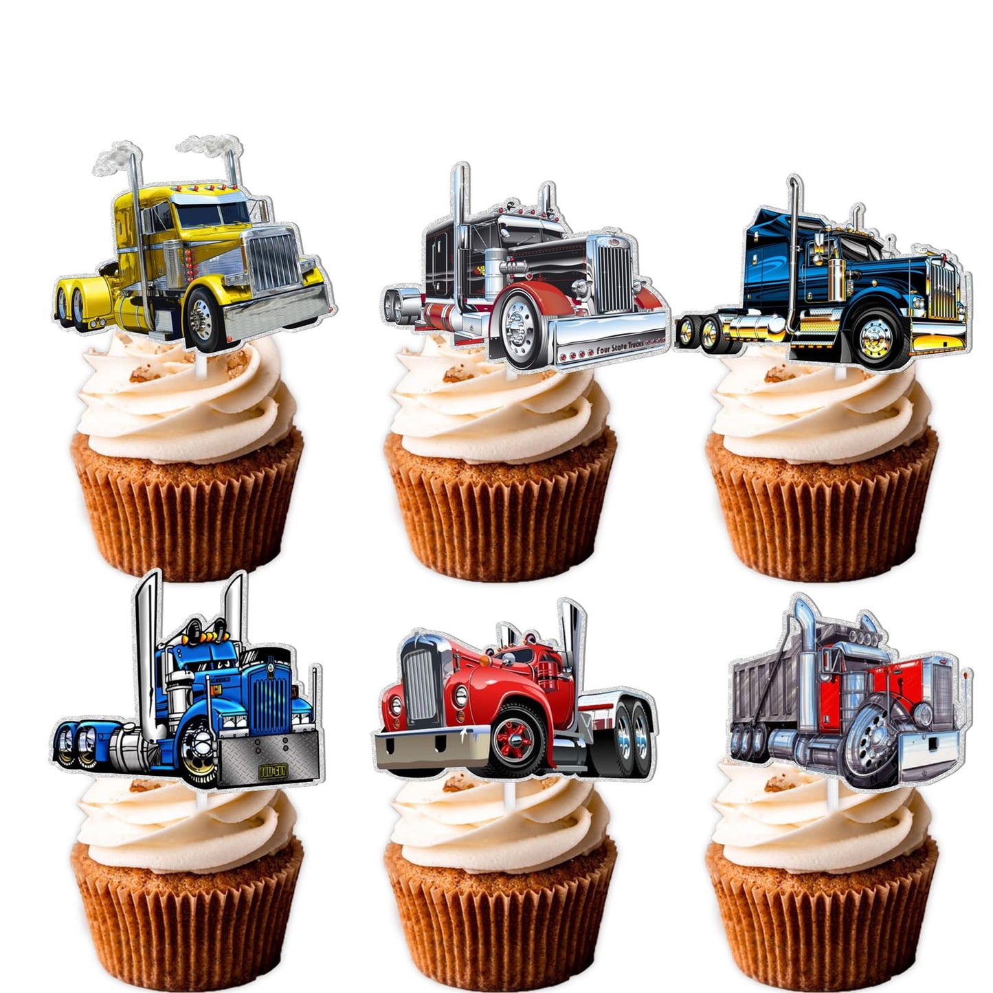 18Pcs Glitter Truck Car Dessert Cupcake Topper Transportation Vehicle Theme Decor Supplies Baby Shower Boy Girl Happy Birthday P
