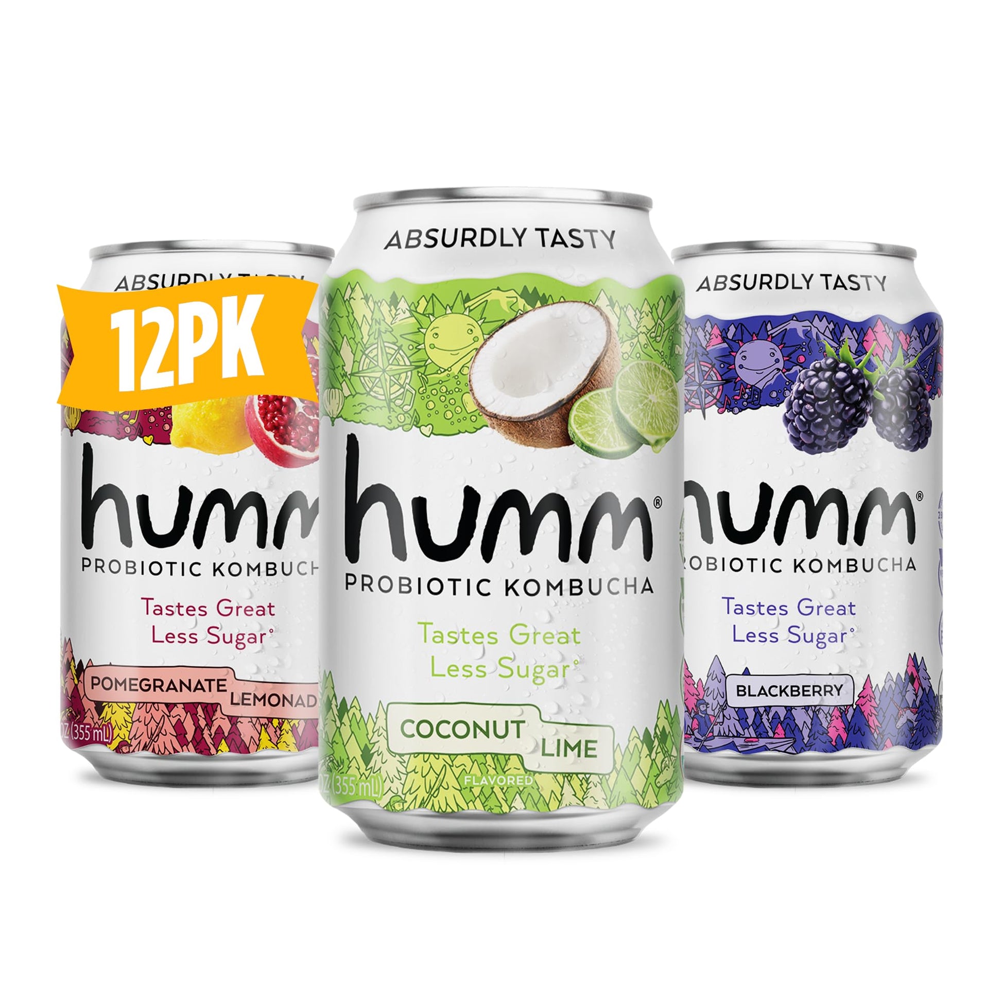 Humm Kombucha Paradise Variety 12 Pack, 2 Billion Probiotics for Gut Health, Blackberry, Coconut Lime, Pomegranate Lemonade