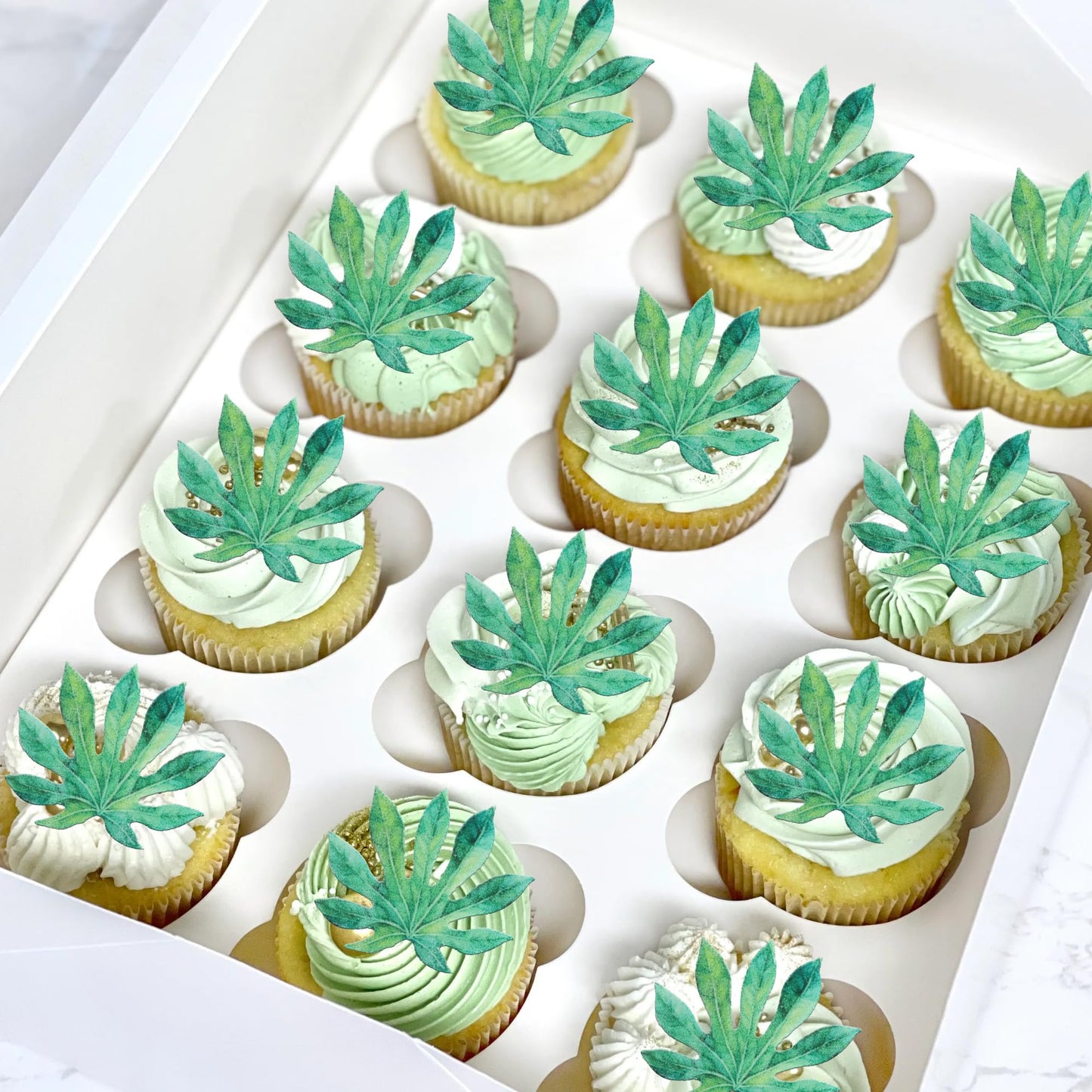 Rssta i 60 Pack Edible Cupcake Toppers - Rice Paper Green Leaves Decoration for Parties and Anniversaries, Design 4