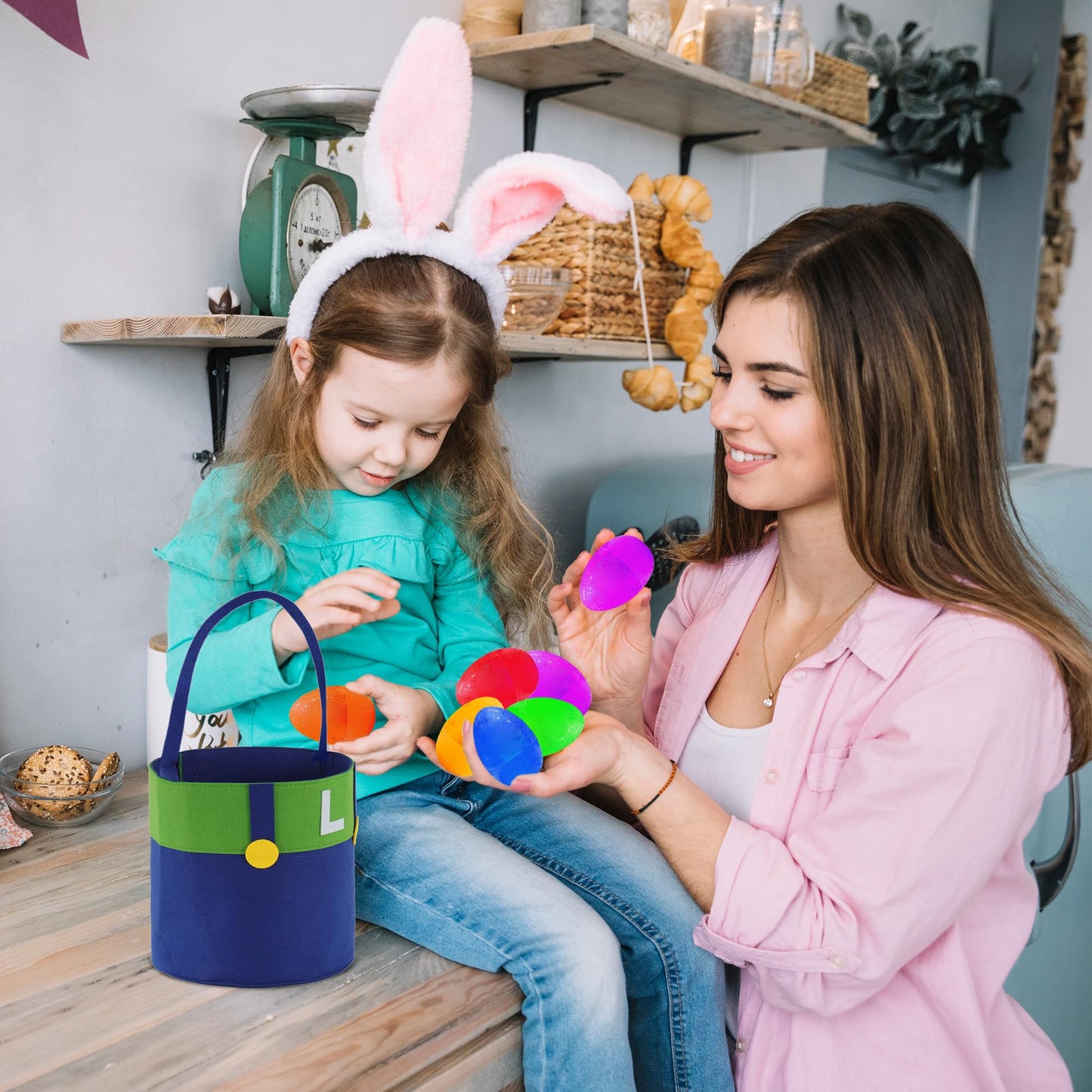 Easter Basket With Handles For Kids, Happy Easter Gift For Easter Egg Hunts Decorations Candy Gifts Storage (World White)