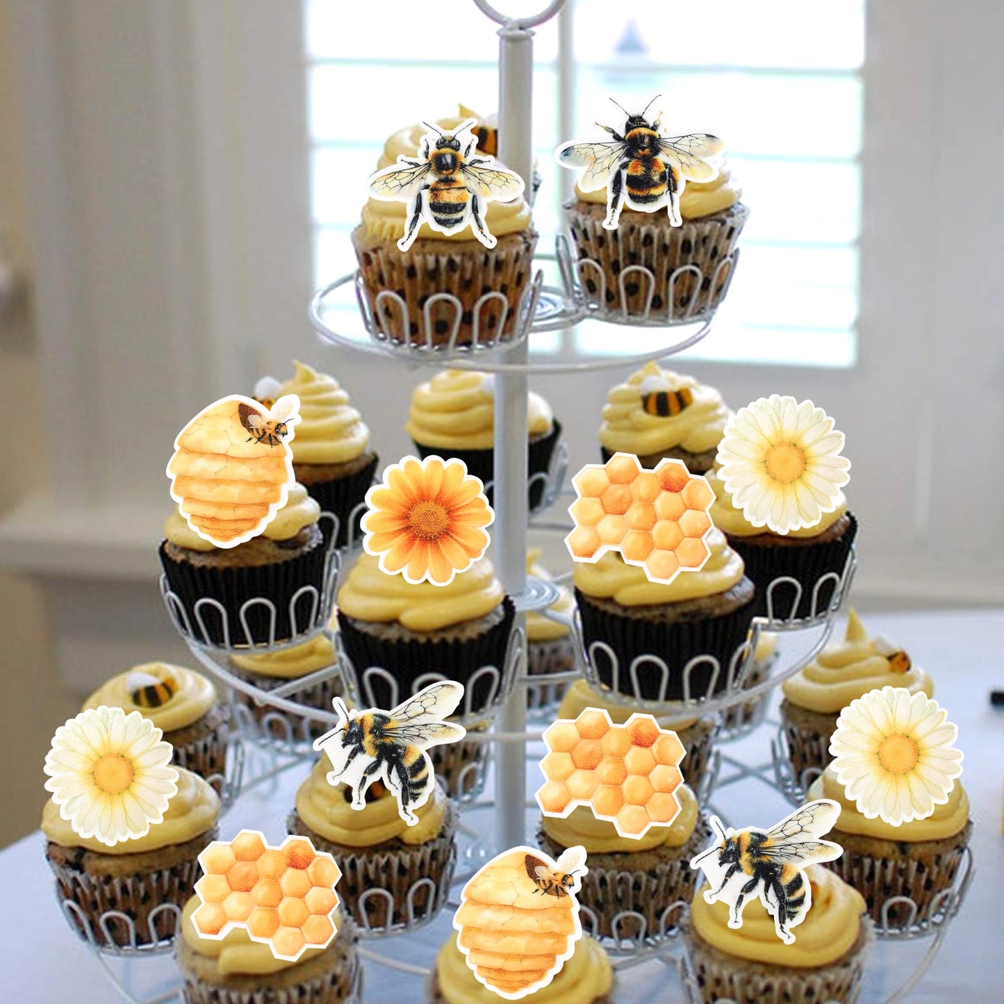 63 Pcs Edible Bumble Bee Cupcake Toppers Honey Bee Daisy Cupcake Picks Edible Sunflower Oh Babee Cupcake Decorations For Bee The