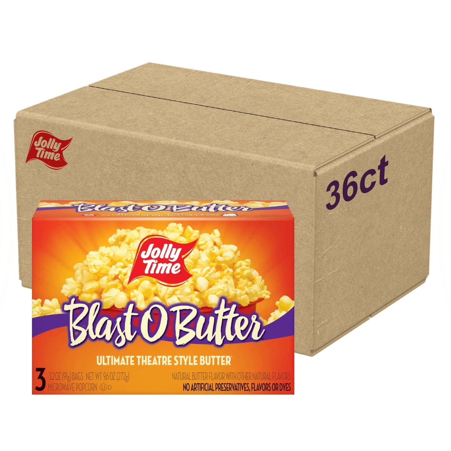 Jolly Time Blast O Butter, Ultimate Movie Theater Butter Microwave Popcorn, 3.2Oz Sharing Bag, 3 Bags Per Carton (Blast O Butter