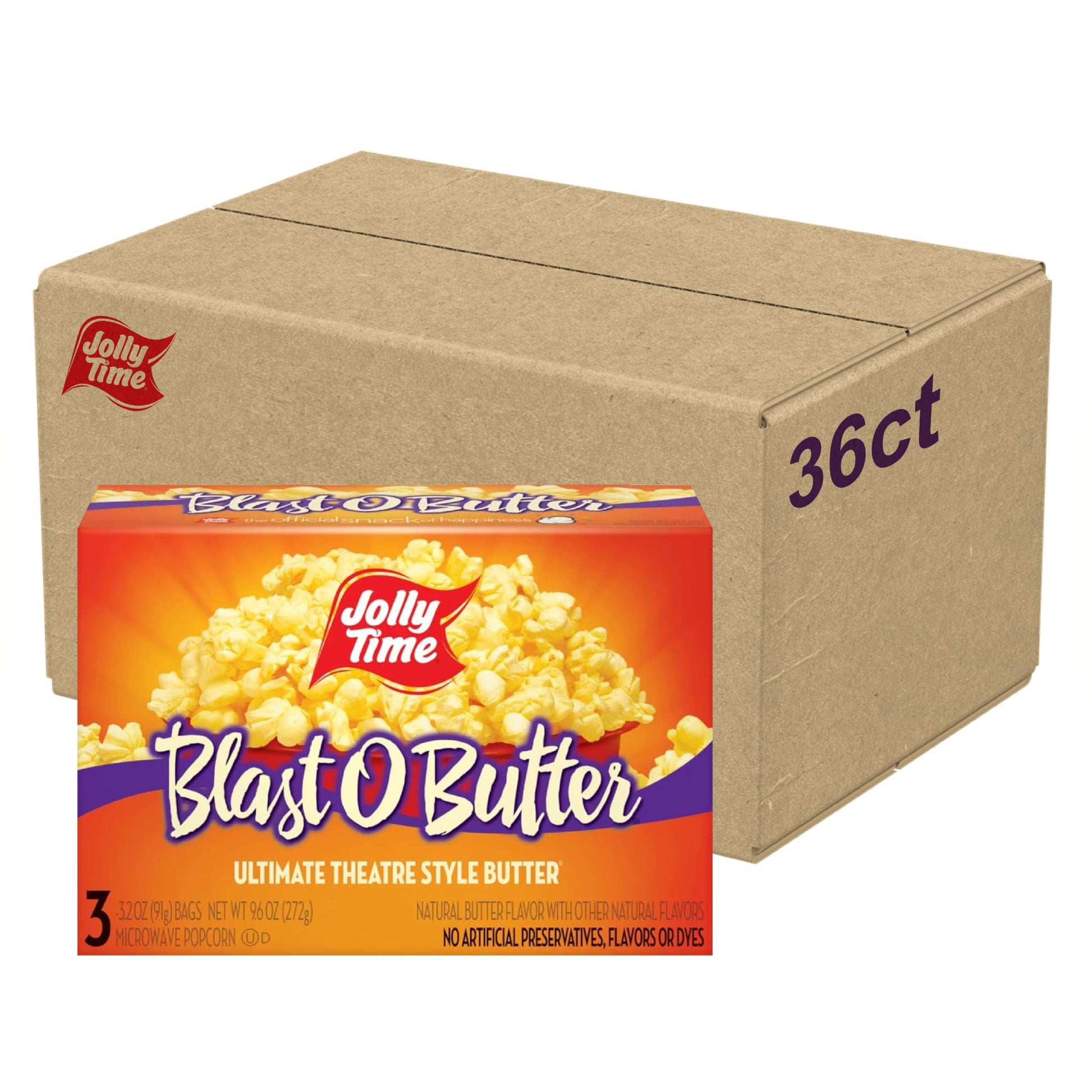 Jolly Time Blast O Butter, Ultimate Movie Theater Butter Microwave Popcorn, 3.2Oz Sharing Bag, 3 Bags Per Carton (Blast O Butter