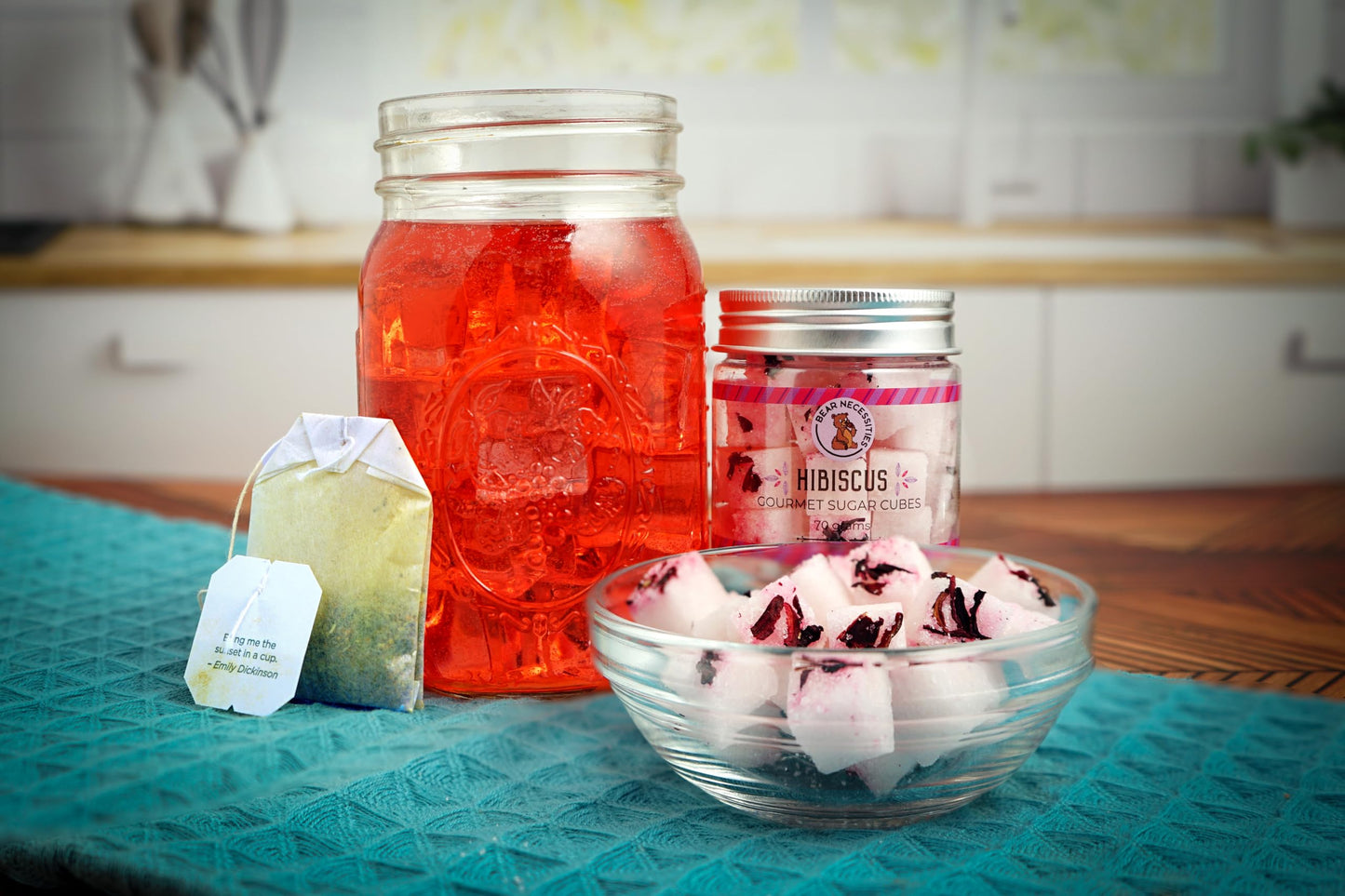 Bear Necessities Gourmet Hibiscus Infused Sugar Cubes - Handcrafted Pure Cane Sugar - 70g Jar - Perfect for Tea & Cocktails