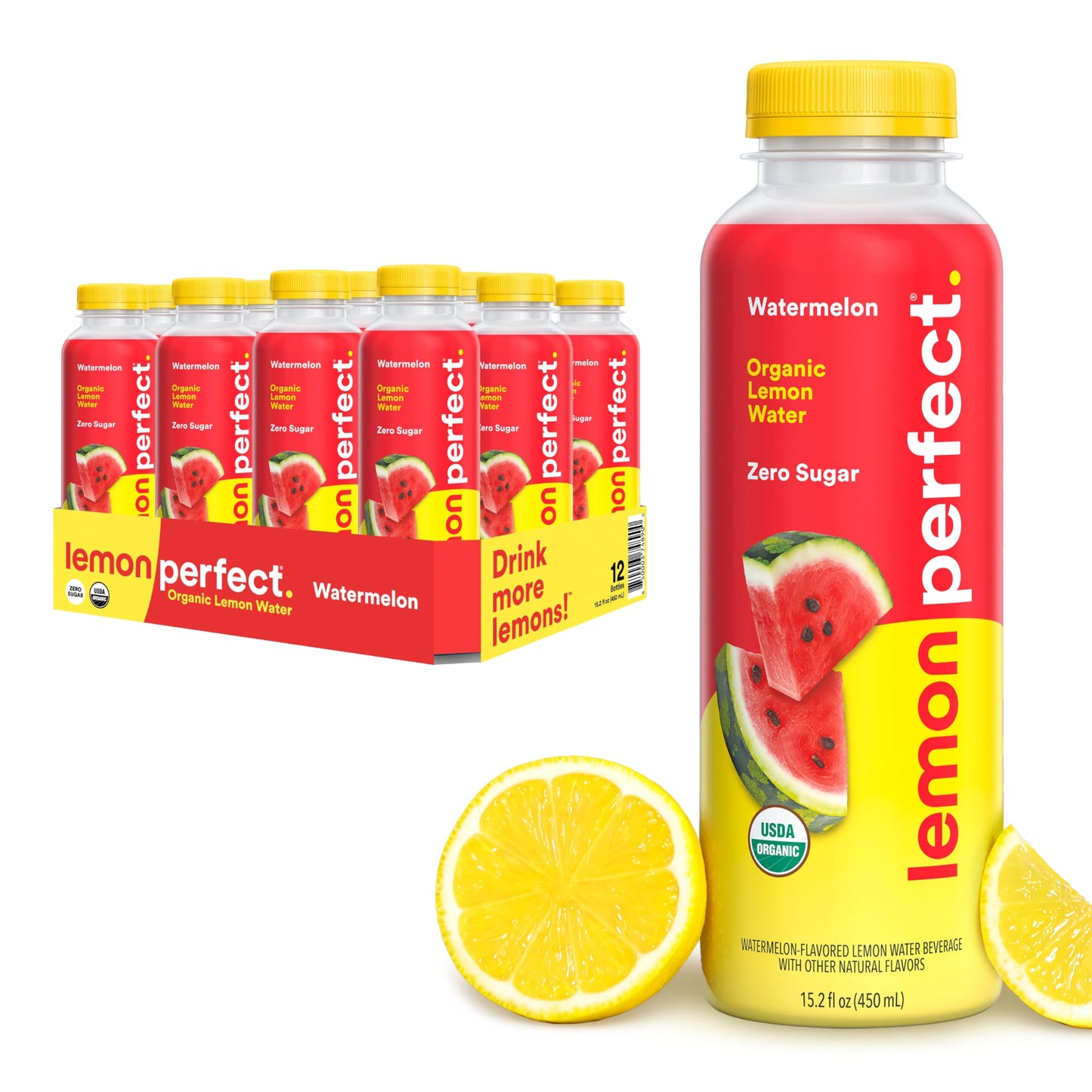 Lemon Perfect Watermelon, Flavored Lemon Water, Organic, Zero Sugar, Healthy Hydration Drinks, 15.2 fl oz Bottles (12-Pack)
