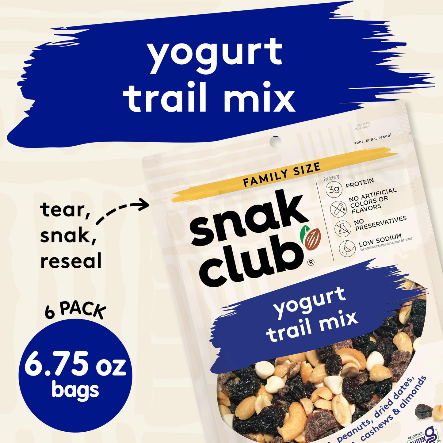 Snak Club Yogurt Trail Mix, Gluten-Free Snack, 6.75 oz Resealable Bags, 6 Pack