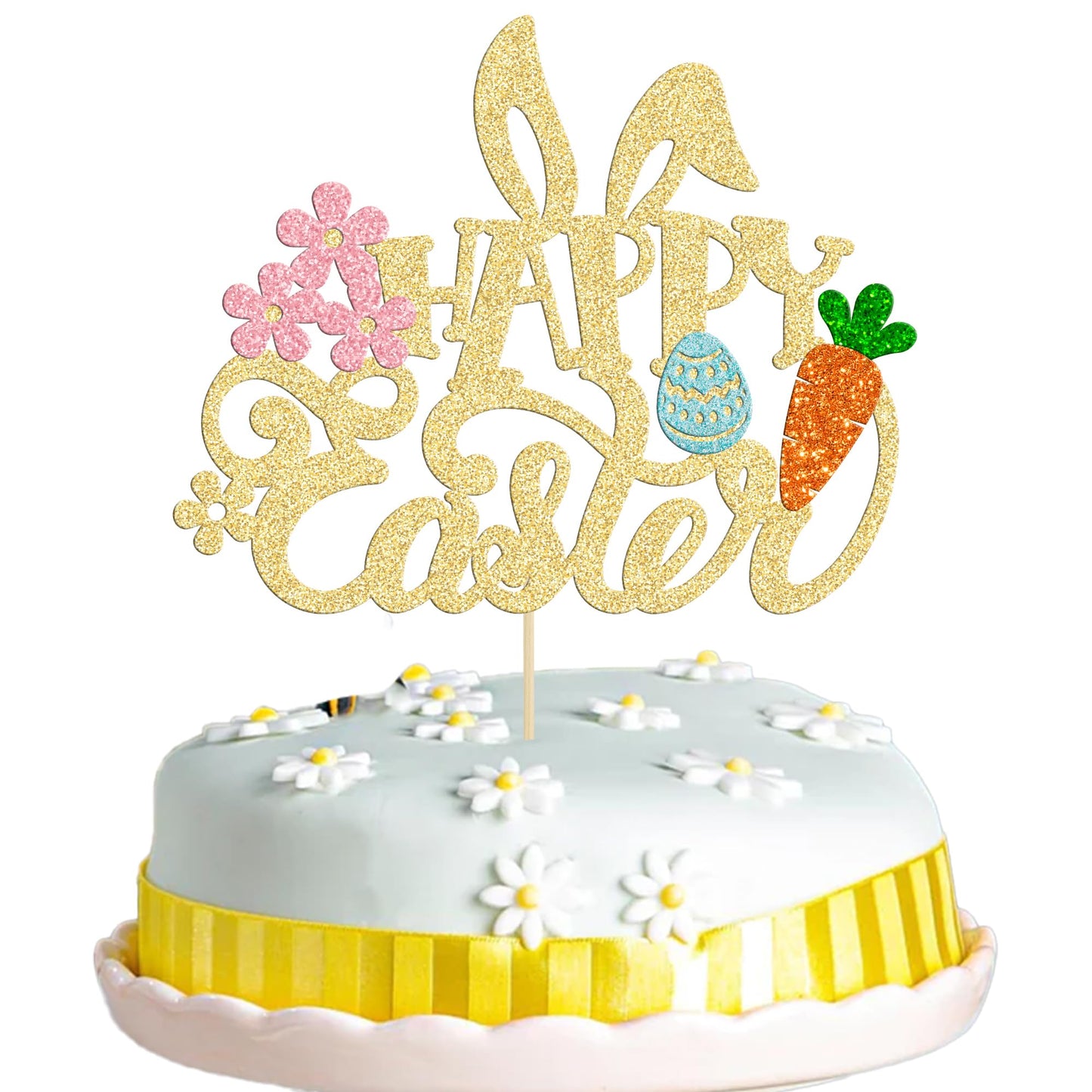 Gyufise Happy Easter Cake Topper, Glitter Bunny Ear Decorations, Gold, Model ZN0317-7-G