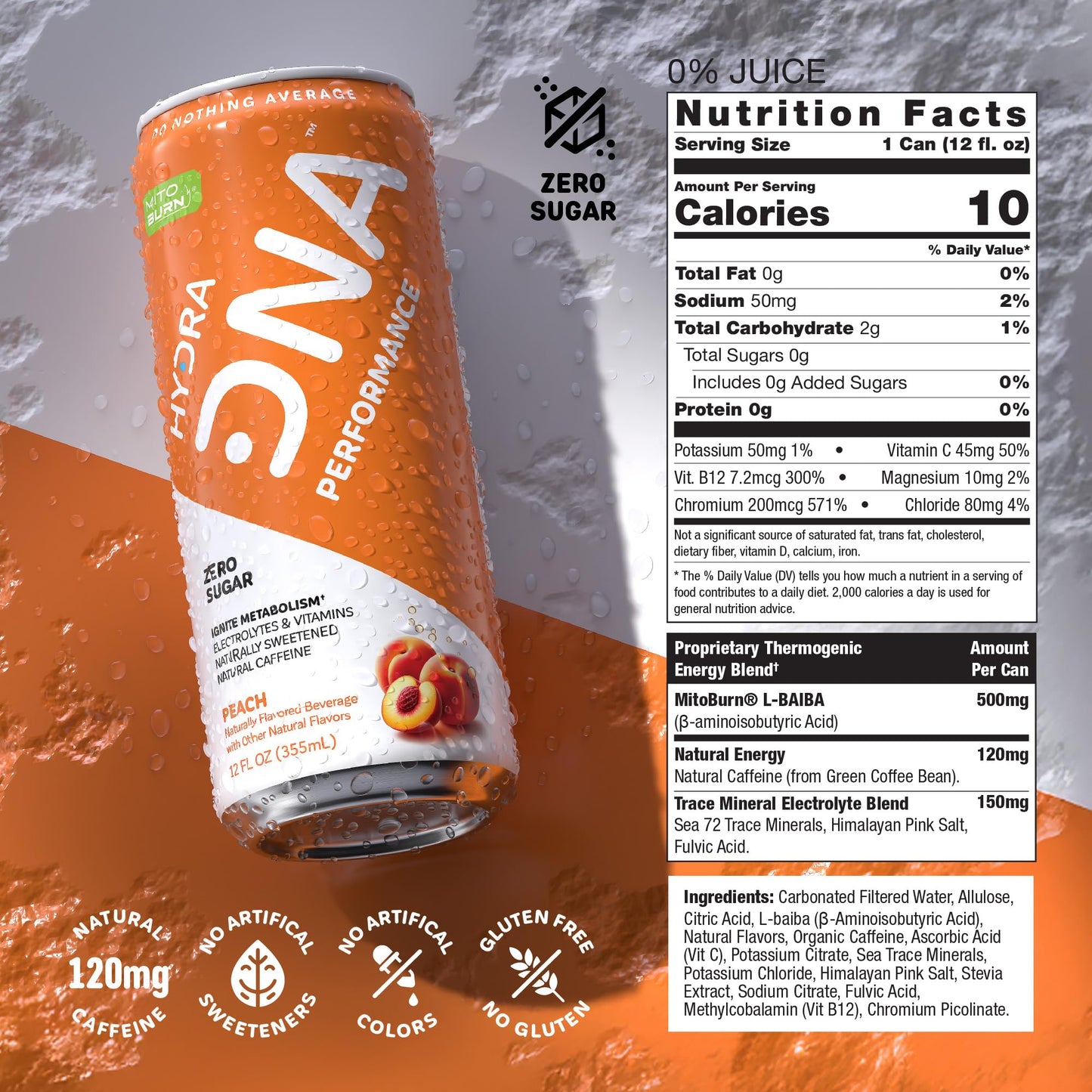 HYDRADNA Clean Performance Drink, Zero Sugar, 120 mg Organic Caffeine, 12 Fl Oz, Pack of 12, Peach Flavor