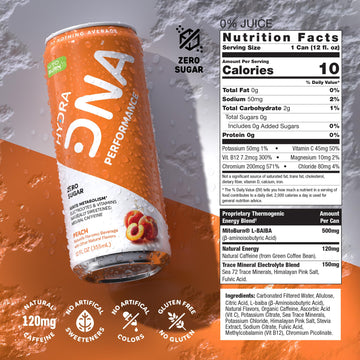 HYDRADNA Clean Performance Drink, Zero Sugar, 120 mg Organic Caffeine, 12 Fl Oz, Pack of 12, Peach Flavor