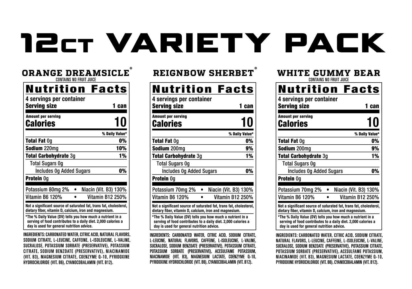 REIGN Total Body Fuel Variety Pack - Orange Dreamsicle, Reignbow Sherbet, White Gummy Bear - 16 Fl Oz, Pack of 12