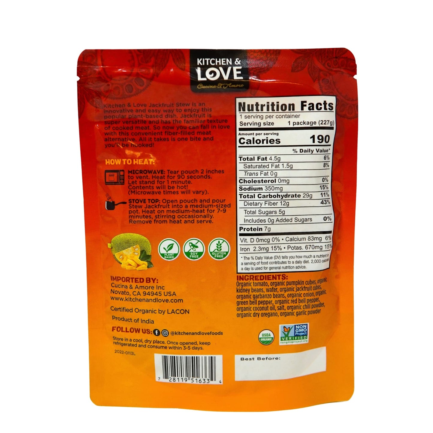 Kitchen And Love, Organic Jackfruit Hearty Stew, Fully Cooked, Plant Based Meat Alternative, Gluten Free, Ready In 90 Seconds, H