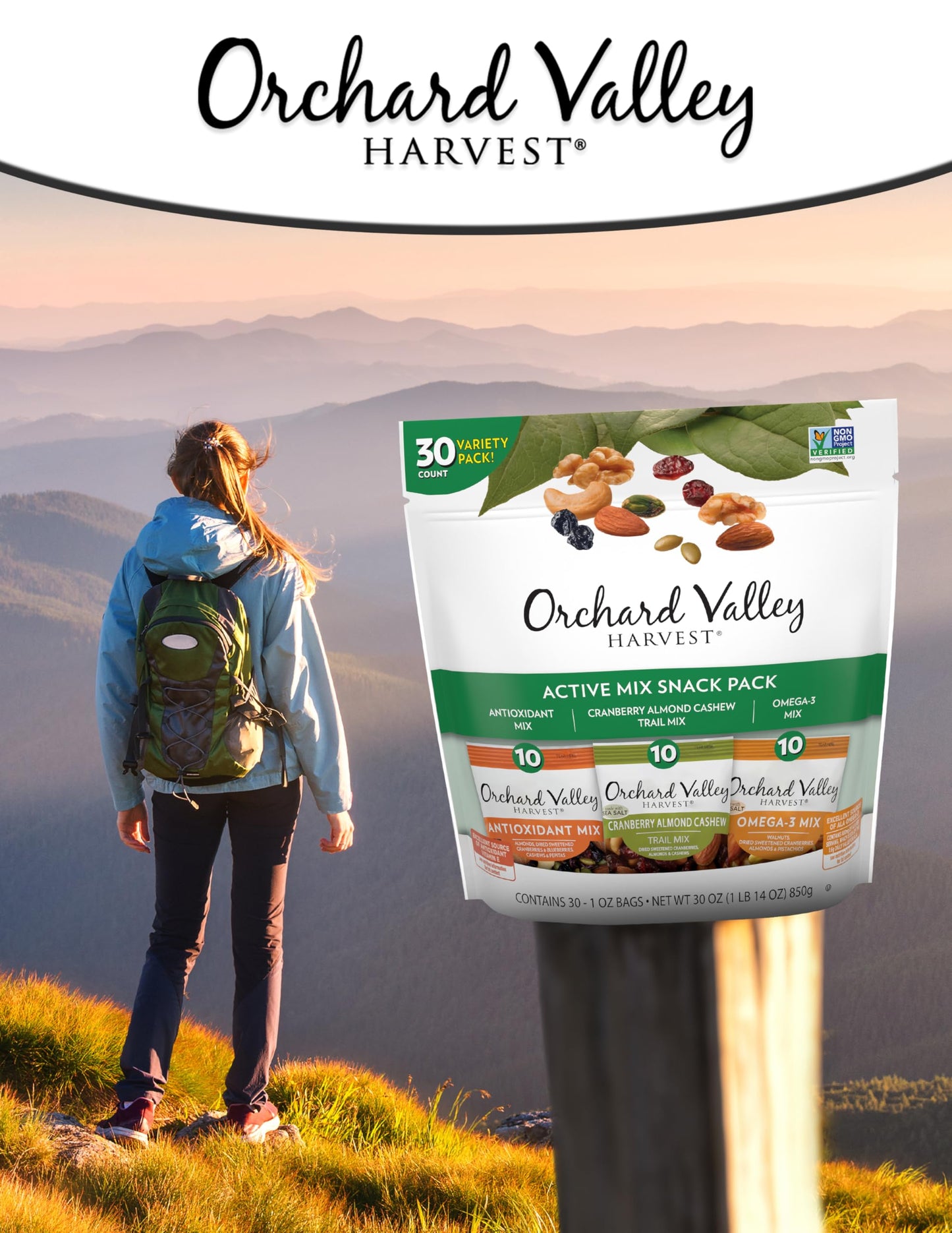 Orchard Valley Harvest Active Snack Pack Mix, 1Oz Bags (Variety Pack Of 30), Antioxidant Mix, Cranberry Almond Cashew, Omega-3 T