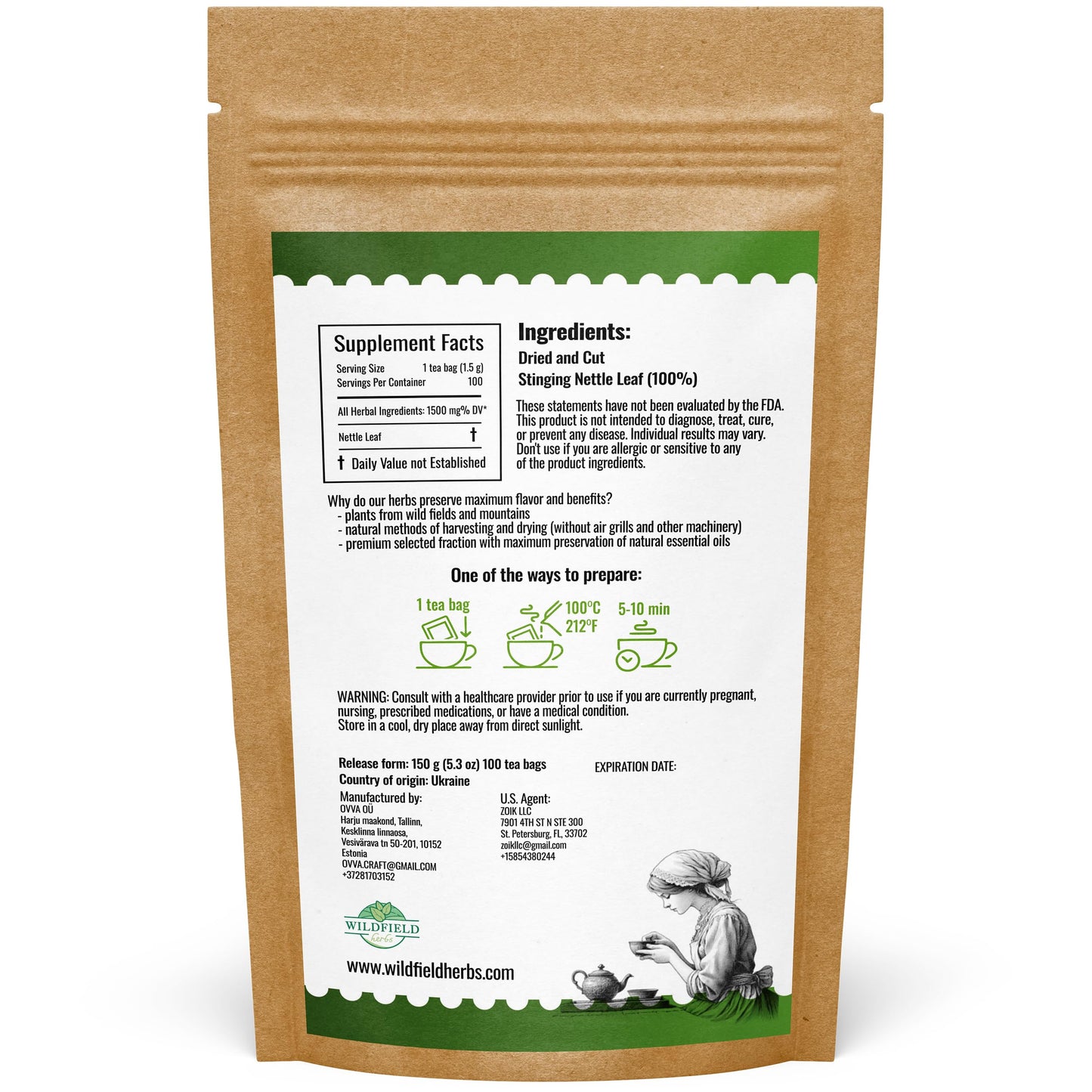 100 Bags Nettle Leaf Tea Ortiga Dried Nettle Herb Planta Bulk (Urtica Dioica) - 100 Count 1.5G Tea Bags Herb Hojas De Ortiga