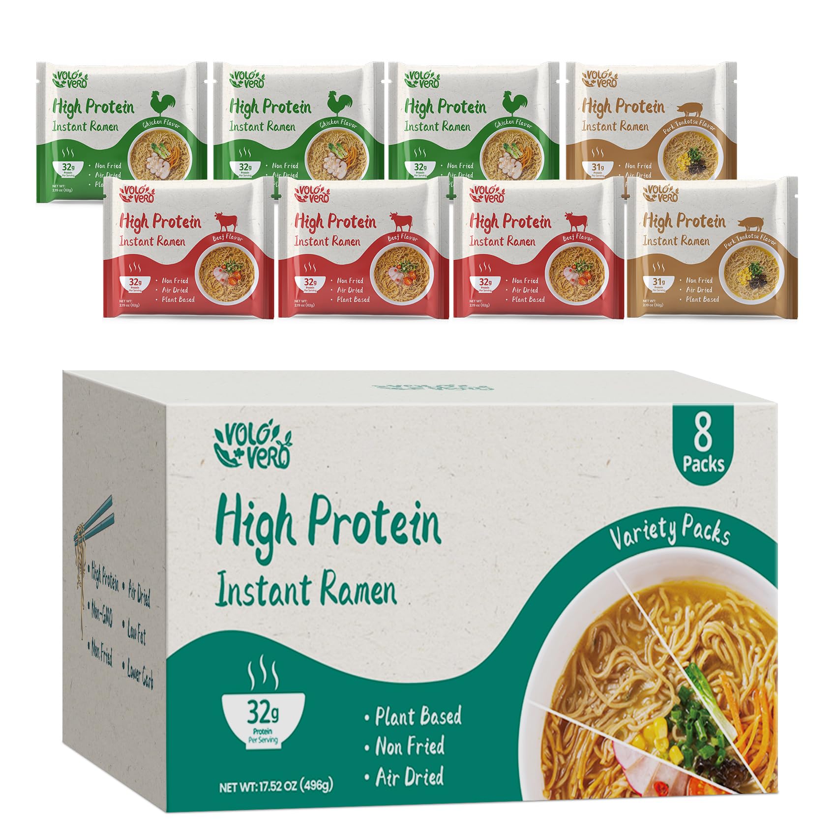 VOLO VERO High Protein (32g) Instant Ramen Variety Packaged Noodles Soup, Chicken, ''Spicy'' Beef, Pork Tonkotsu, Plant-Based, A