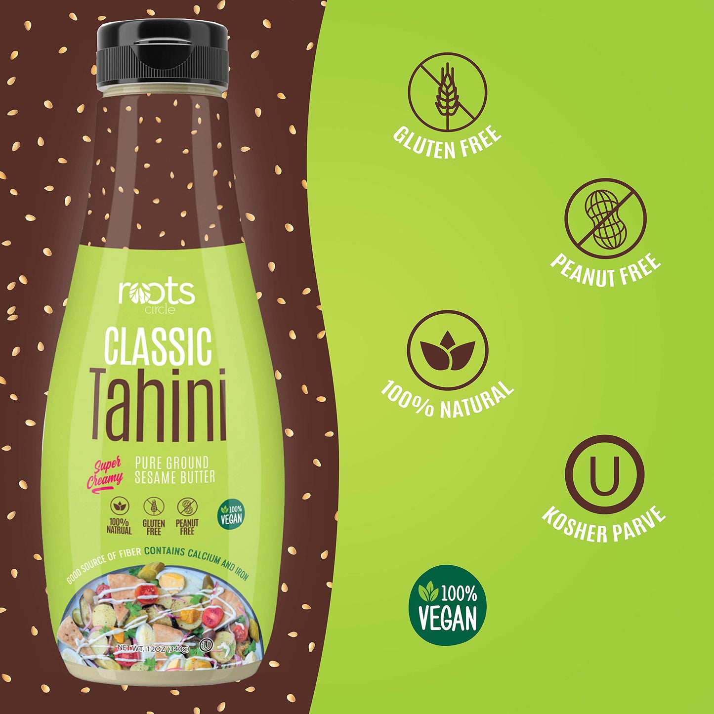 Roots Squeezable Classic Creamy Sesame Tahini | 2 Pack 12Oz Plant-Based Ready Tahini Paste For Salad Dressing And Hummus | Certi