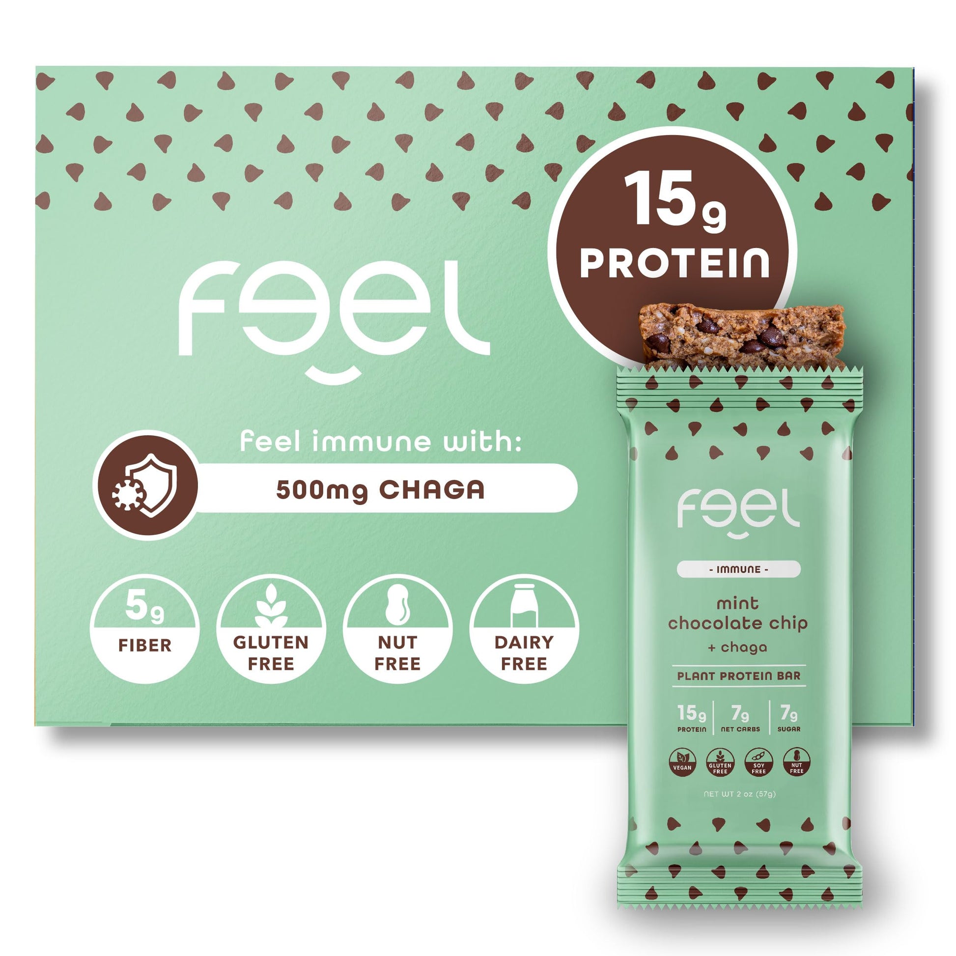 Feel Vegan Protein Bars | Mint Chocolate Chip | Keto | Gluten Free | Organic | Chaga Mushroom | 15G Plant Protein | Low Carb | High Protein | Dairy Free | Low Sugar | Grain Free | Nut Free | Soy Free