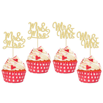 Gyufise 36Pcs Mr & Mrs Cupcake Toppers Love Mr Mrs Cupcake Picks Gold Glitter Wedding Cucpake Toppers Bridal Shower Cake Decorat