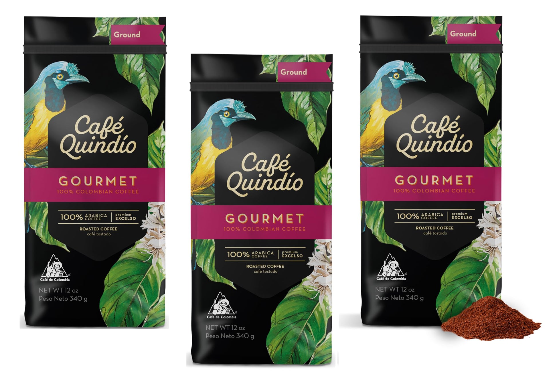 Cafe Quindio Gourmet - Medium Roast 100% Colombian Excelso Ground Arabica Coffee - 12 oz Bags (Pack of 3)