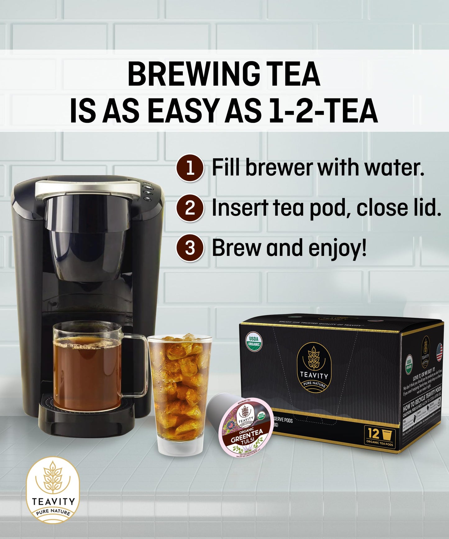 Organic Tulsi Tea Pods With Unsweetened Caffeinated Green Tea Pods For Keurig - Tulsi Green Tea By Teavity (12 Tea Pods)