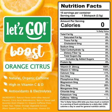 Letz Go! Energy Drink Mix, Sugar Free, Electrolytes, Vitamins C + D, 15 Pack, Orange Citrus, 0.09 Ounce Each
