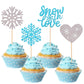 24 PCS Winter Snowflake Cupcake Toppers Glitter Snow in Love Heart Snowflake Cupcake Picks for Winter Frozen Theme Baby Shower W