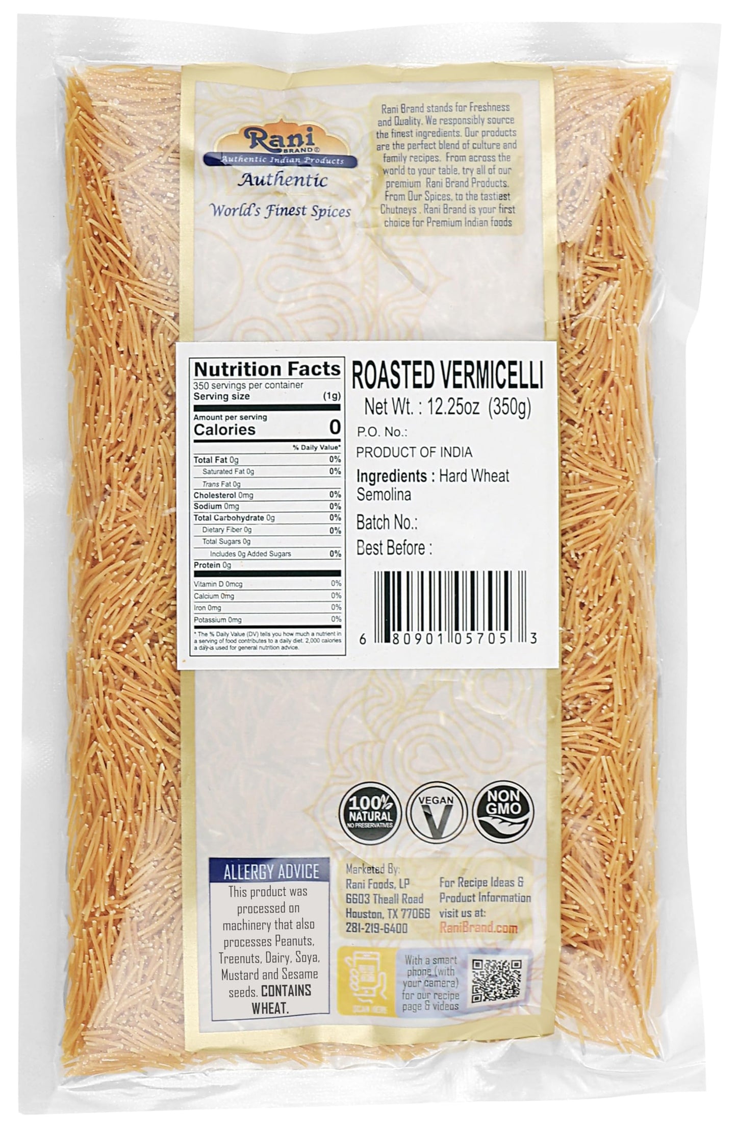 Rani Roasted Vermicelli (Roasted Wheat Noodles) 12.25Oz (350G), Pack Of 6 ~ All Natural | Vegan | Non-Gmo | Indian Origin