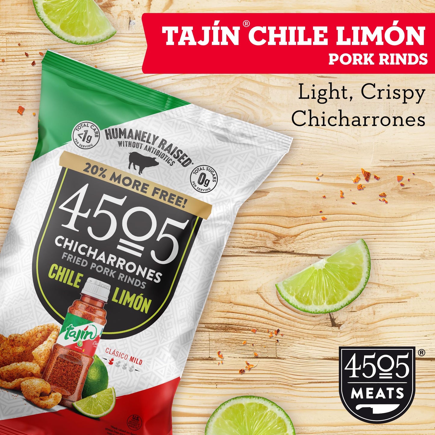 4505 Meats Chicharrones, Chile Limon Flavored Pork Rinds, Low Carb, Gluten-Free, 2.7oz (Pack of 12)