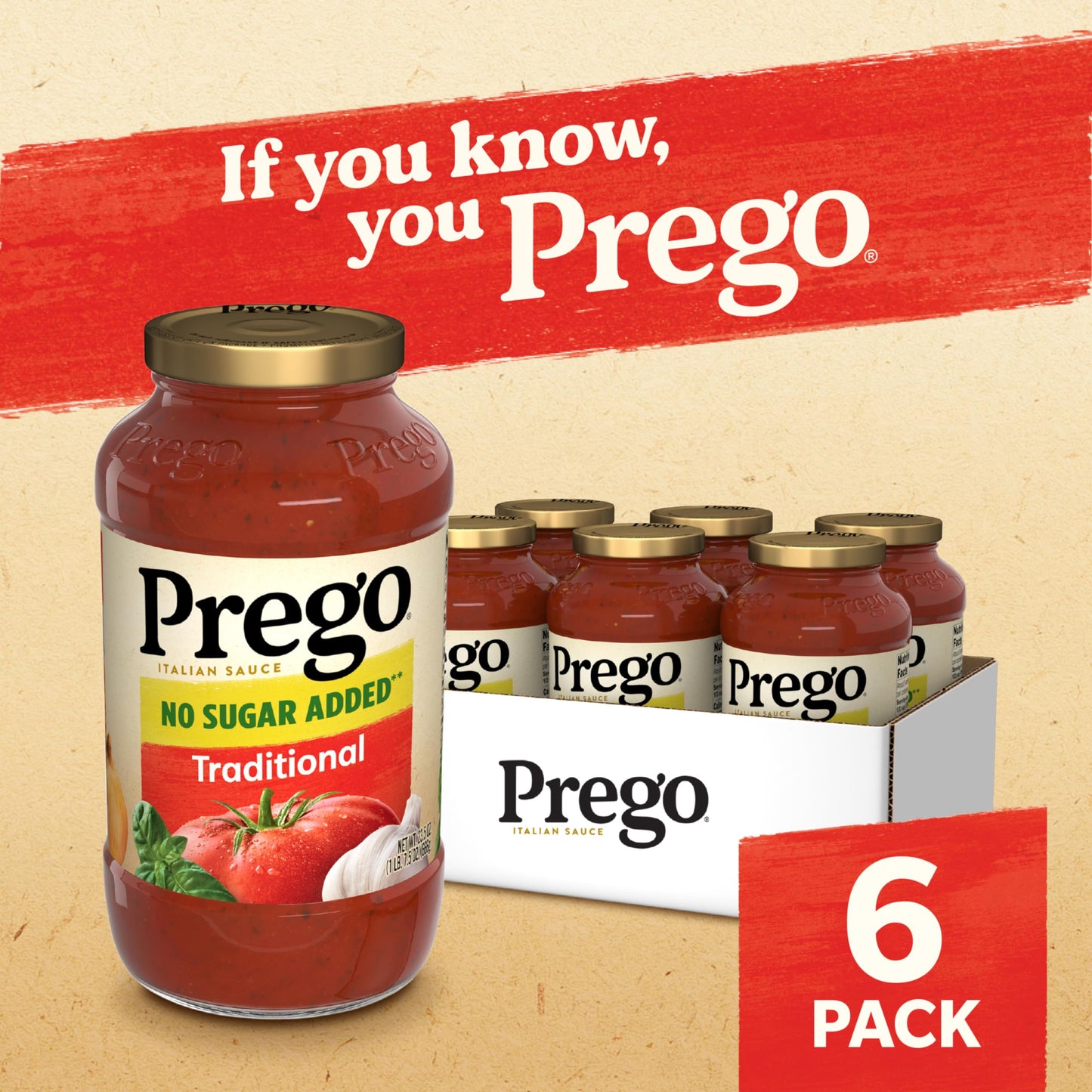 Prego Traditional No Sugar Added Pasta Sauce, 23.5 Oz Jar (Case Of 6)