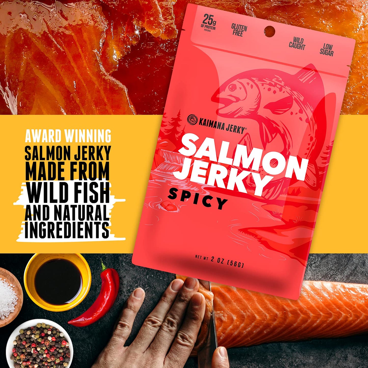 Kaimana Jerky Wild Caught Salmon Jerky - Organic, Low-Calorie, Spicy Flavor - 2oz Pack