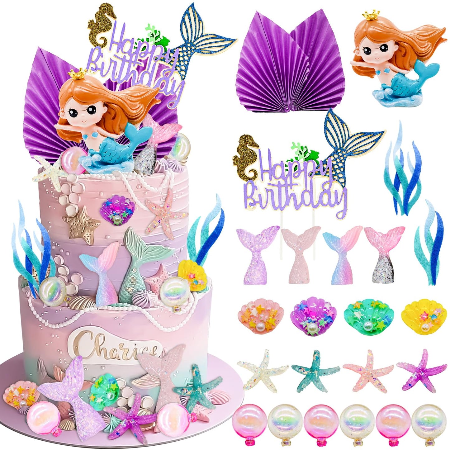 Lukinuo Mermaid Cake Toppers 24Pcs Little Mermaid Figurine Under The Sea Cake Topper Seaweed Palm Leaves Bubble Starfish Shell M