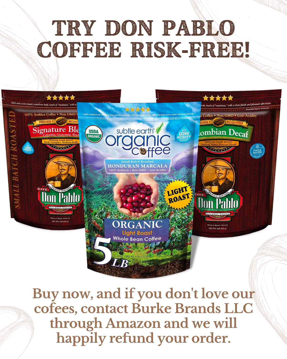 Subtle Earth Organic Coffee - Light Roast - Whole Bean Coffee - 100% Arabica Beans - Low Acidity And Non-Gmo - 5Lb Bag